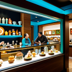 A vibrant, welcoming cafe interior dedicated to collectible figurines. Diverse adult and child patrons, all in modest, appropriate attire, are seen interacting. Some are admiring intricate figurines within brightly lit glass display cases, while others relax at tables, enjoying themed coffees and pastries. Subtle life-size statues of popular heroes are visible in the background, adding to the immersive atmosphere. The scene is captured with professional photography, showcasing a warm, inviting ambiance. Perfect anatomy, correct proportions, natural poses, well-formed hands, proper finger count, natural body proportions, safe for work, appropriate content, fully clothed, family-friendly.