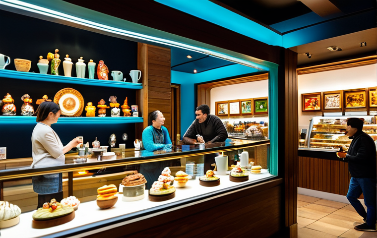 A vibrant, welcoming cafe interior dedicated to collectible figurines. Diverse adult and child patrons, all in modest, appropriate attire, are seen interacting. Some are admiring intricate figurines within brightly lit glass display cases, while others relax at tables, enjoying themed coffees and pastries. Subtle life-size statues of popular heroes are visible in the background, adding to the immersive atmosphere. The scene is captured with professional photography, showcasing a warm, inviting ambiance. Perfect anatomy, correct proportions, natural poses, well-formed hands, proper finger count, natural body proportions, safe for work, appropriate content, fully clothed, family-friendly.